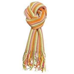Multicolor pink green orange knitted spring pastel scarf with fringe